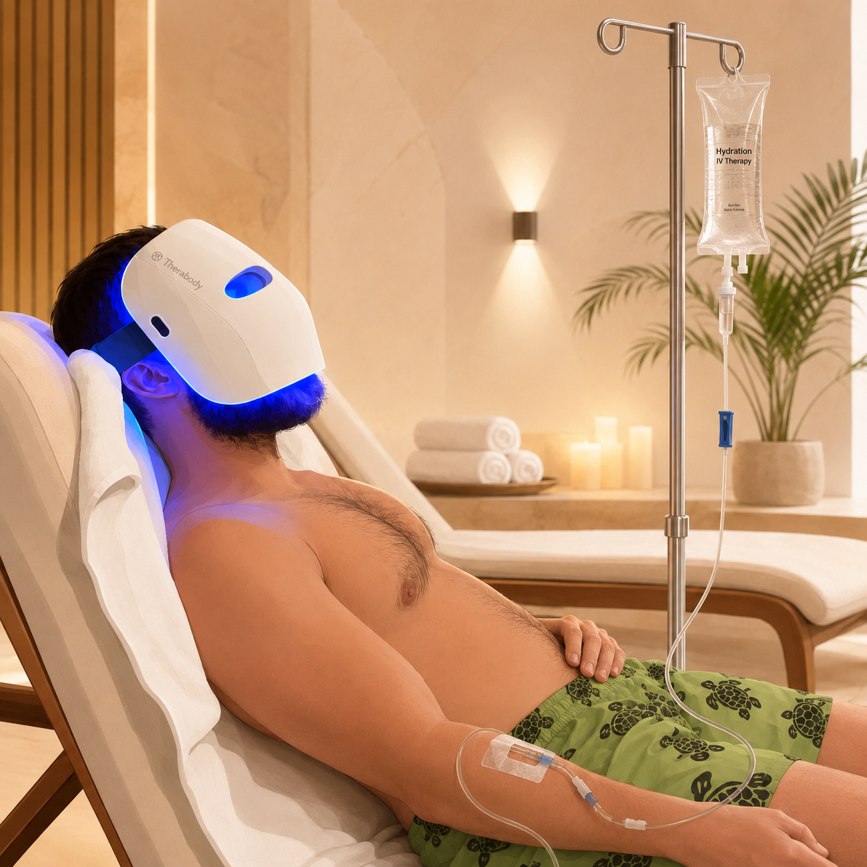Client relaxing during a LeIV Health IV hydration session with red light therapy